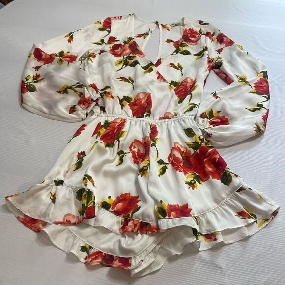 SHOW ME YOUR MUMU Romper XS Satin ROCKY White Rose V-NECK LONG SLEEVE - Picture 1 of 10